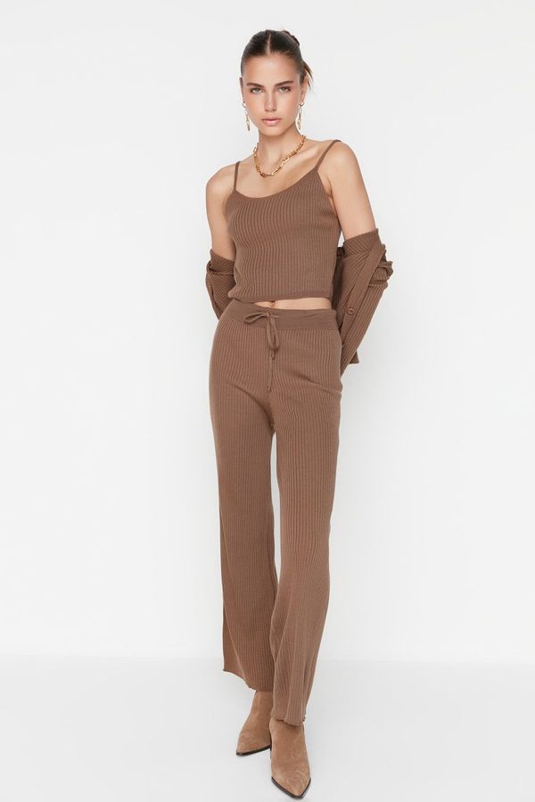 Trendyol Trendyol Brown Ribbed Blouse Cardigan Trousers Knitwear Two Piece Set