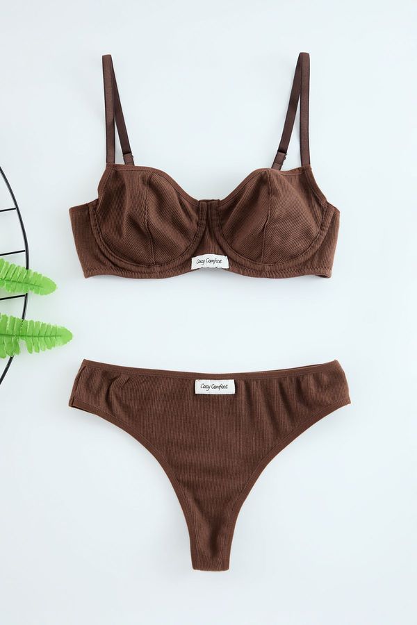 Trendyol Trendyol Brown Ribbed Label Detailed Capless Knitted Underwear Set