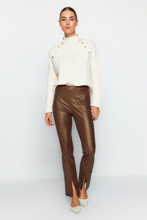 Trendyol Trendyol Brown Shiny Surface Faux Leather Slit High Waist Trousers