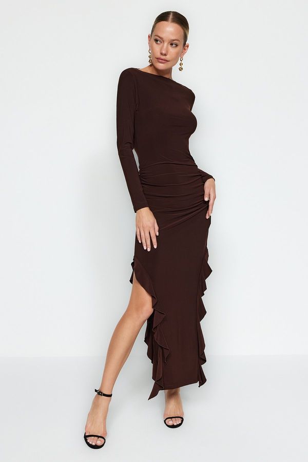 Trendyol Trendyol Brown Skirt Flounced Boat Rock Maxi Stretchy Knitted Dress
