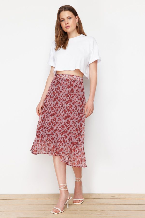 Trendyol Trendyol Brown Skirt Frilly Chiffon Fabric Patterned Midi Woven Skirt