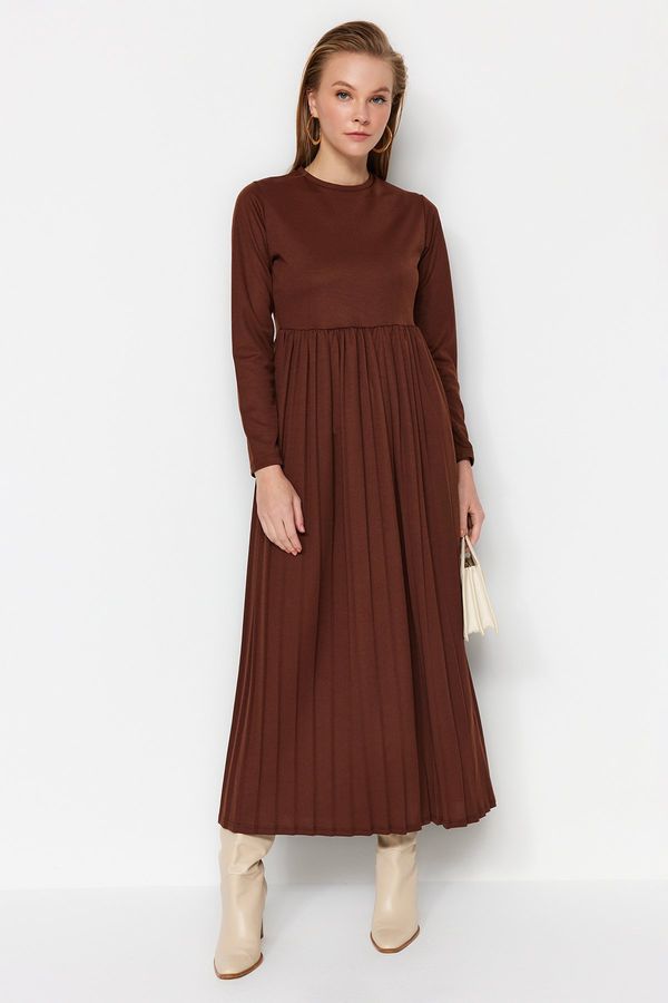 Trendyol Trendyol Brown Skirt Pleated Scuba Knitted Dress