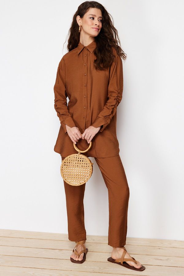 Trendyol Trendyol Brown Sleeve Gathered Aerobin Shirt Trousers Woven Bottom Top Set