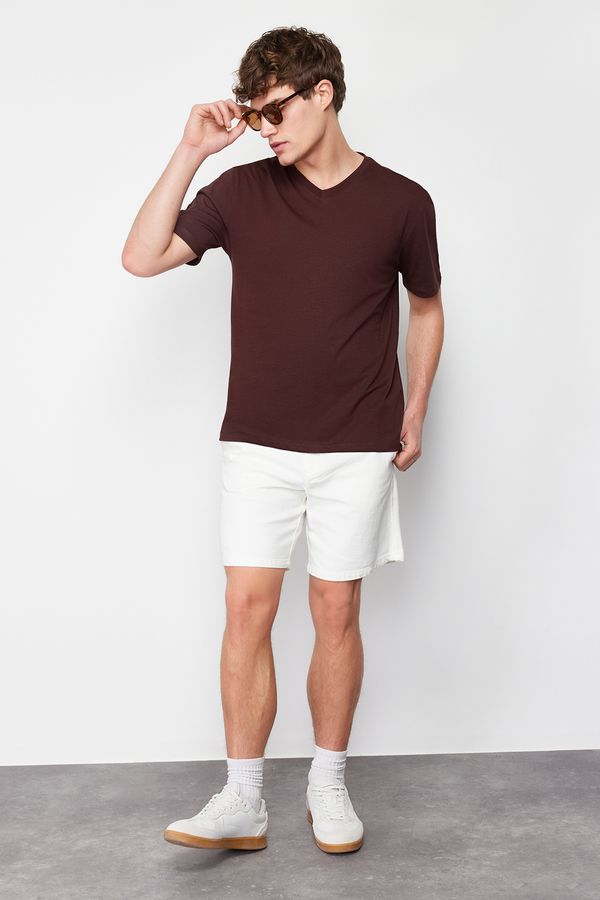 Trendyol Trendyol Brown Slim/Slim V Neck 100% Cotton Basic T-Shirt