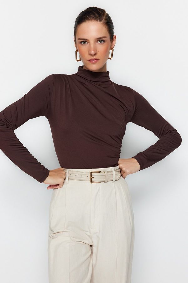 Trendyol Trendyol Brown Smocking Detailed Stand Collar With Snap fastener, Flexible Knitted Body