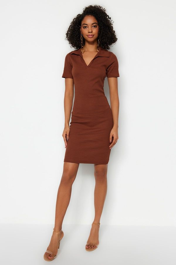 Trendyol Trendyol Brown Snap-On/Fitted Polo Neck Corduroy Knitted Knit Dress