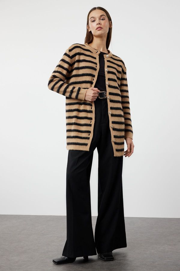 Trendyol Trendyol Brown Striped Gold Button Detailed Soft Textured Knitwear Cardigan