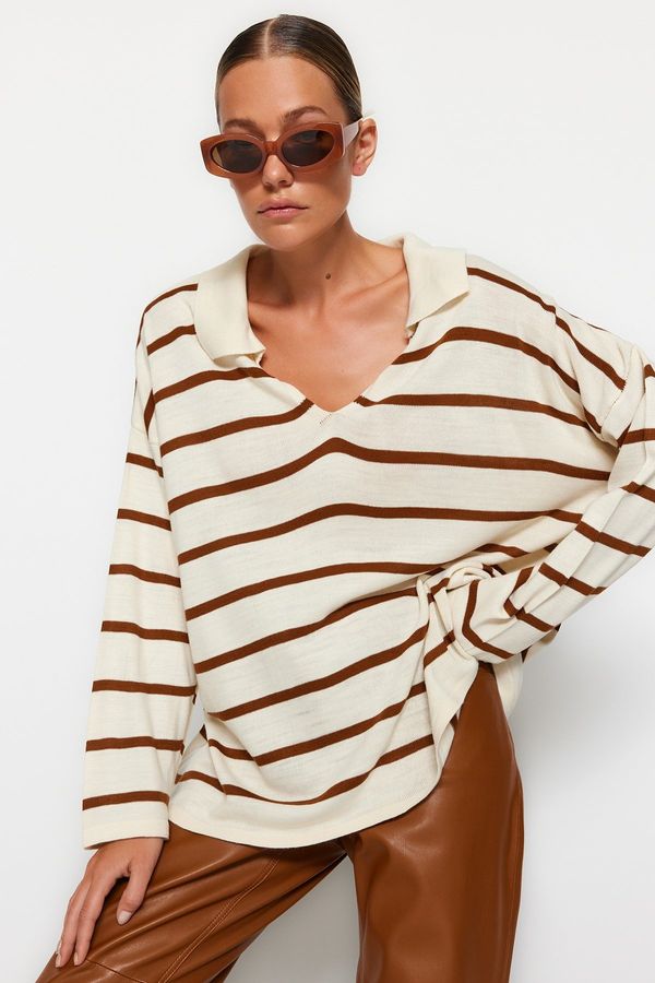 Trendyol Trendyol Brown Super Wide Fit Striped Knitwear Sweater
