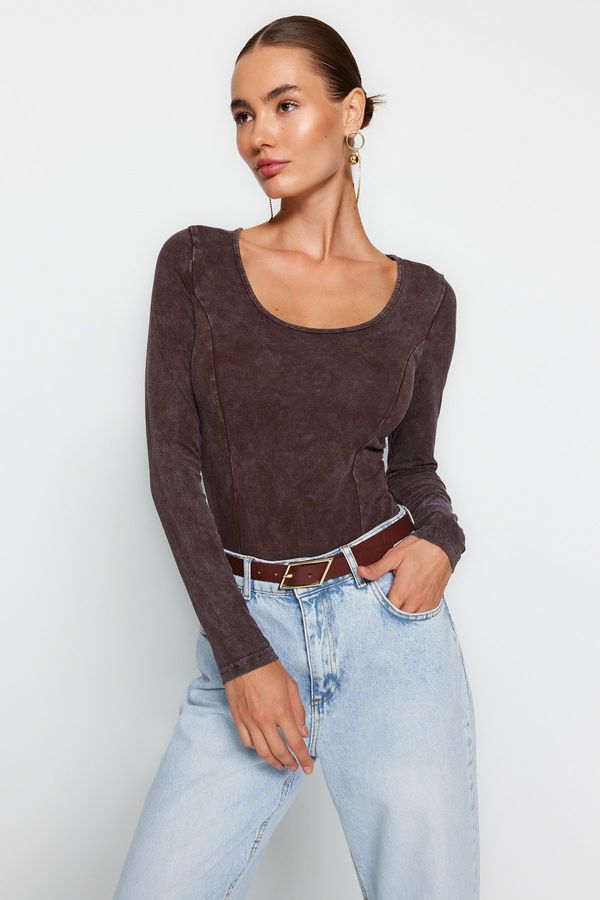 Trendyol Trendyol Brown Wear/Faded Effect Cotton Long Sleeves Stretchy Knitted Body with Snap Snap Button