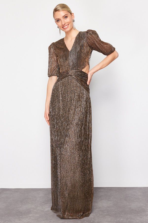 Trendyol Trendyol Brown Window/Cut Out Detailed Metallic Look Knitted Evening Dress & Homecoming Dress