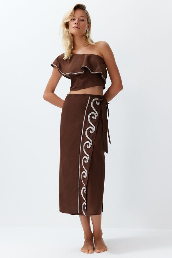 Trendyol Trendyol Brown Woven Flounce One-Shoulder 100% Cotton Blouse and Skirt Suit