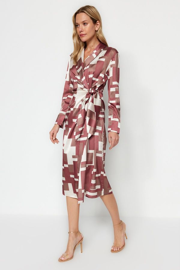 Trendyol Trendyol Brown Wrap Midi Tie Detailed Geometric Patterned Woven Dress