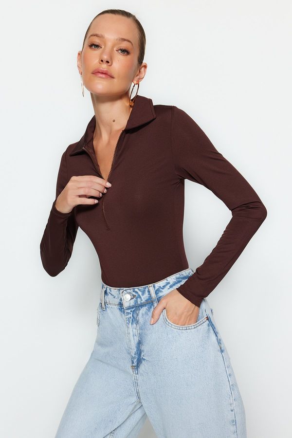 Trendyol Trendyol Brown Zipper Collar Detail, Snap Snaps at the Bottom, Flexible Knitted Knit Body