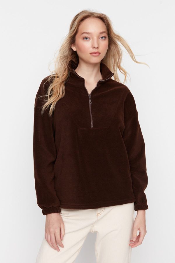 Trendyol Trendyol Brown Zipper Detailed Fleece Knitted Sweatshirt