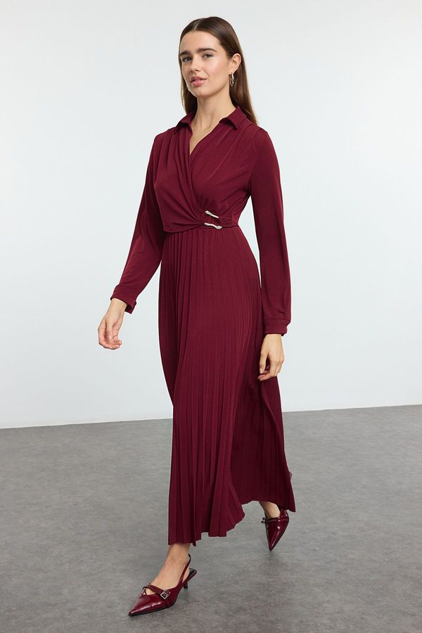 Trendyol Trendyol Burgundy Accessory Detailed Pleated Knitted Dress