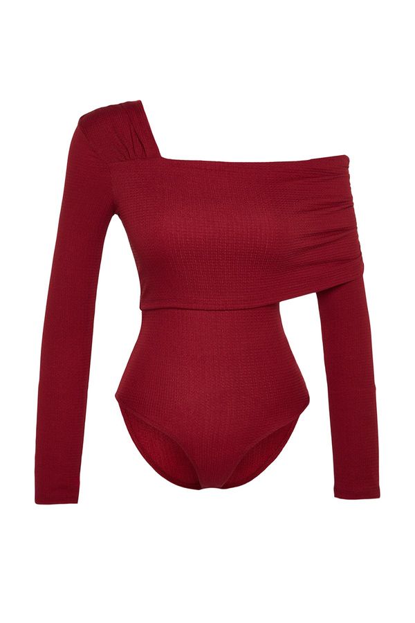 Trendyol Trendyol Burgundy Asymmetric Collar Detailed Draped Fitted/Situated Crepe/Textured Knitted Bodysuit
