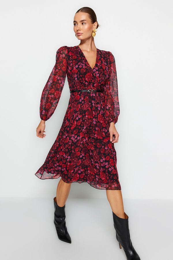 Trendyol Trendyol Burgundy Belted A-Line Midi Double Breasted Neck Patterned Chiffon Woven Dress