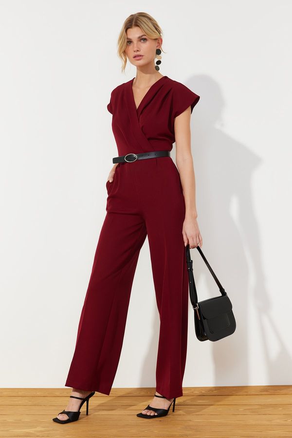 Trendyol Trendyol Burgundy Belted Double Breasted Collar Wide Leg Woven Jumpsuit