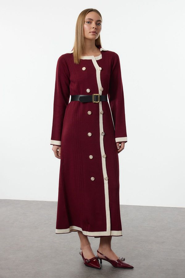 Trendyol Trendyol Burgundy Belted Knitwear Color Block Dress