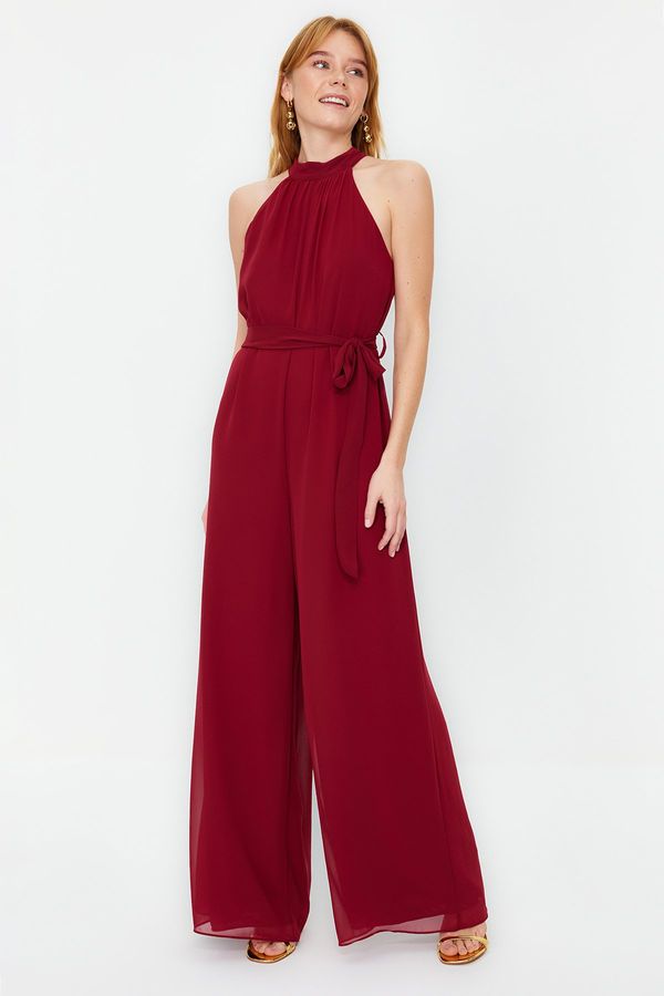 Trendyol Trendyol Burgundy Belted Maxi Chiffon Lined Woven Jumpsuit