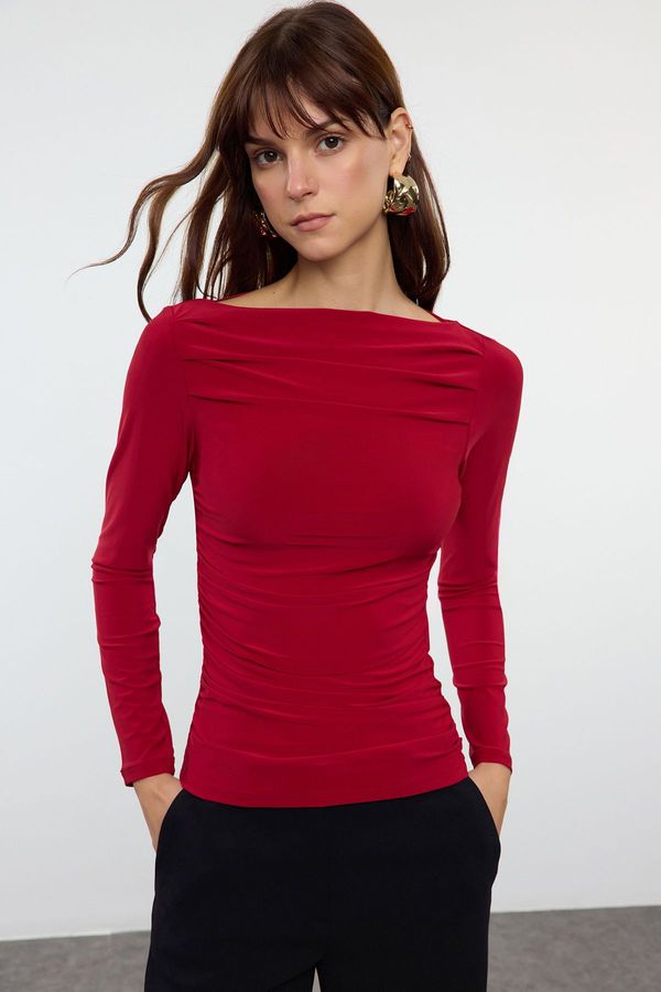 Trendyol Trendyol Burgundy Boat Neck Draped Fitted Stretchy Knitted Blouse