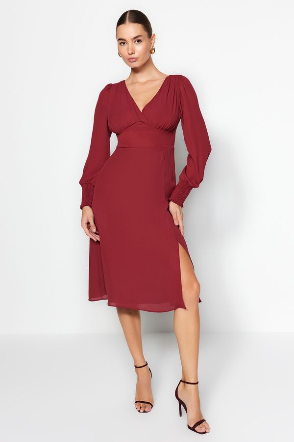 Trendyol Trendyol Burgundy Bodice Detailed Slit Midi Woven Dress