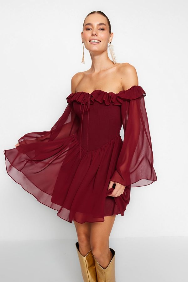 Trendyol Trendyol Burgundy Chiffon Evening Dress that Opens at the Waist/Skater Lined, Chiffon Evening Dress