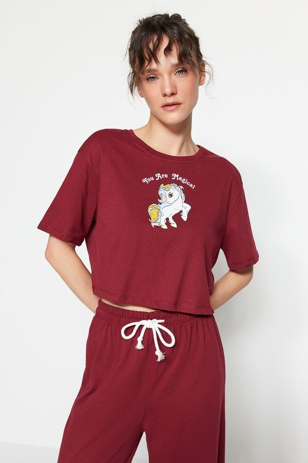 Trendyol Trendyol Burgundy Cotton Printed T-shirt-Pants Knitted Pajamas Set