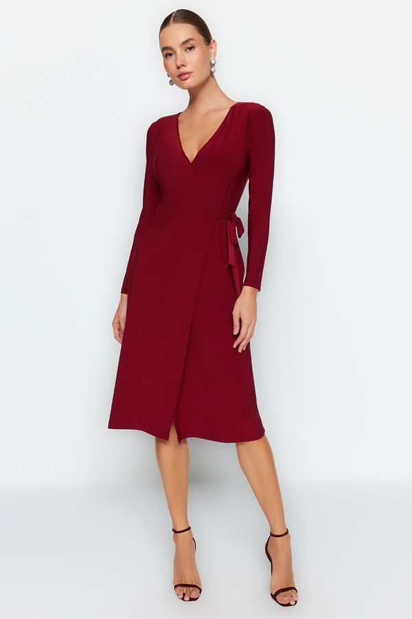 Trendyol Trendyol Burgundy Double Breasted Neck Belted Fitted Midi Knitted Dress