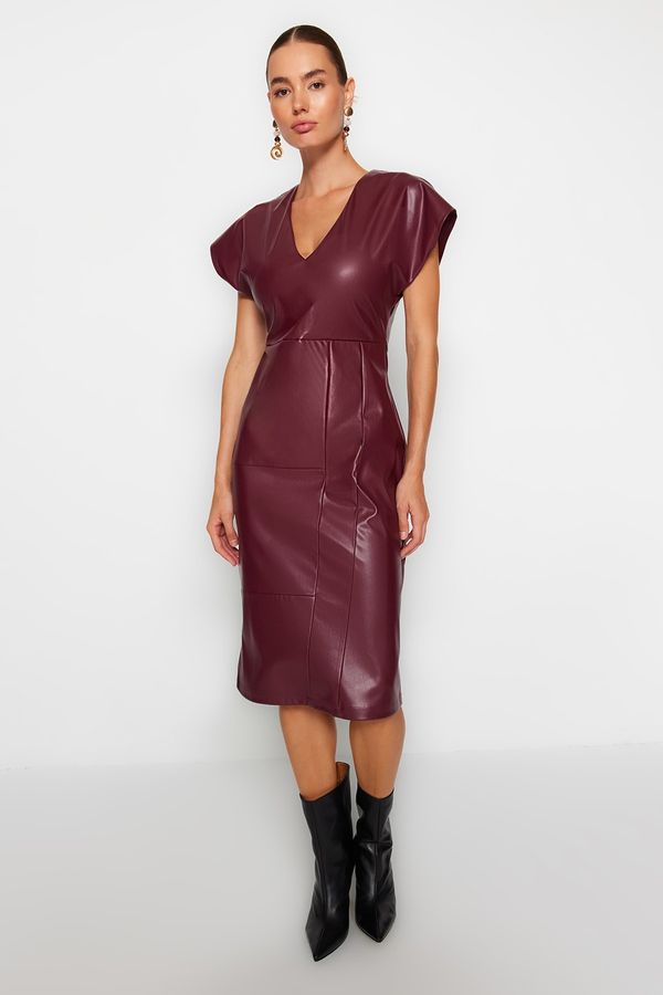 Trendyol Trendyol Burgundy Faux Leather V-Neck Midi Woven Dress