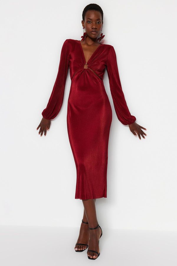 Trendyol Trendyol Burgundy Fitted Knitted Window/Cut Out Detailed Pleated Elegant Evening Dress