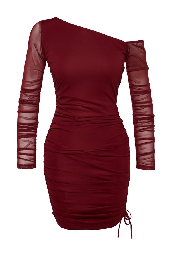 Trendyol Trendyol Burgundy Fitted Lined Knitted Tulle Dress