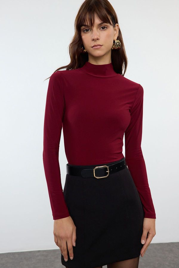 Trendyol Trendyol Burgundy Fitted Long Sleeve Stand Collar Ribbed Stretchy Knitted Blouse