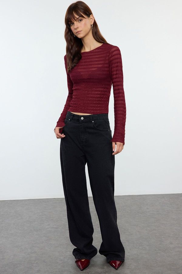 Trendyol Trendyol Burgundy Fitted Textured Tulle Stretchy Knitted Blouse