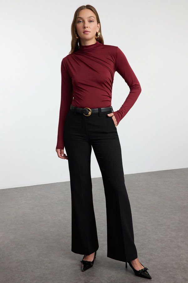 Trendyol Trendyol Burgundy Gather Detailed Stand-Up Collar Snap-On Stretchy Knitted Body