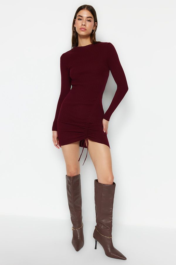 Trendyol Trendyol Burgundy Mini Knitwear Gathered Detail Dress