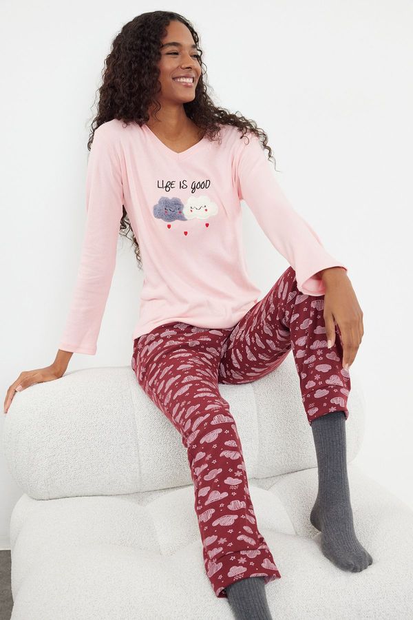 Trendyol Trendyol Burgundy-Multicolored Cotton Embroidered Knitted Pajama Set