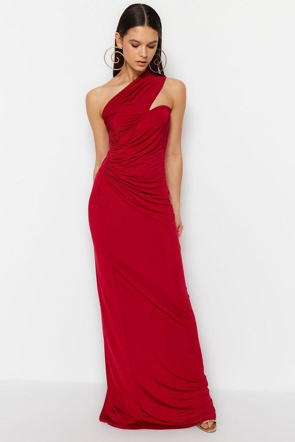 Trendyol Trendyol Burgundy One-Shoulder Gathered Detailed Long Evening Evening Dress