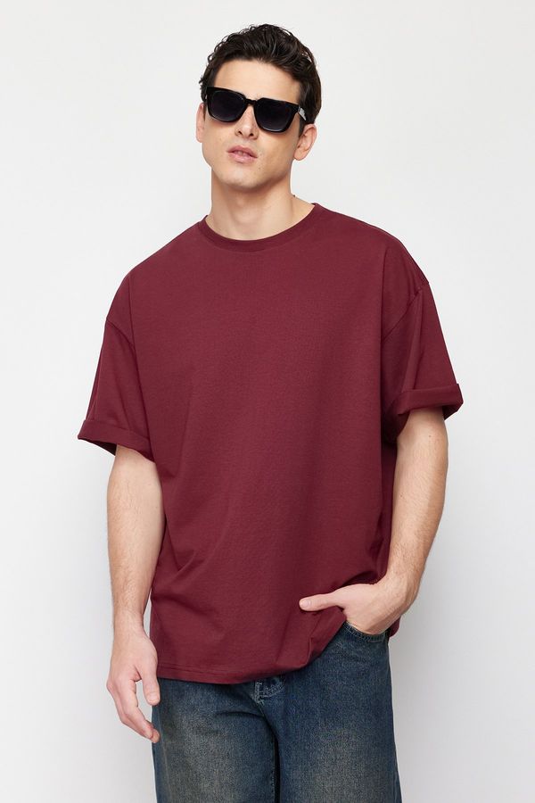 Trendyol Trendyol Burgundy Oversize/Wide-Fit Basic 100% Cotton T-Shirt