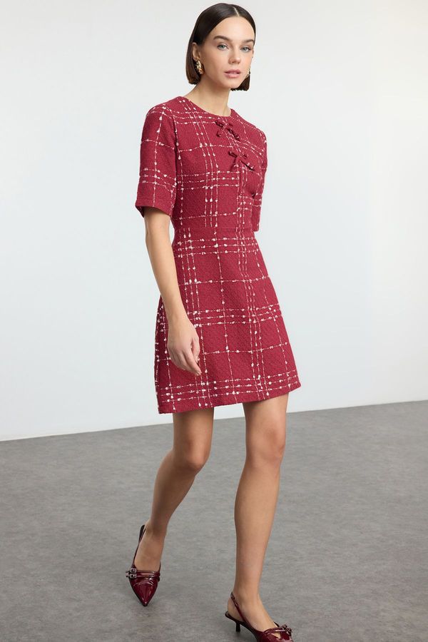 Trendyol Trendyol Burgundy Plaid A-Line Bow Detailed Mini Woven Tweed Dress