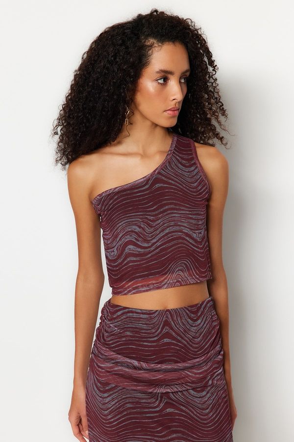 Trendyol Trendyol Burgundy Printed Fitted/Sticky Lined Stretch Tulle Crop Knitted Blouse