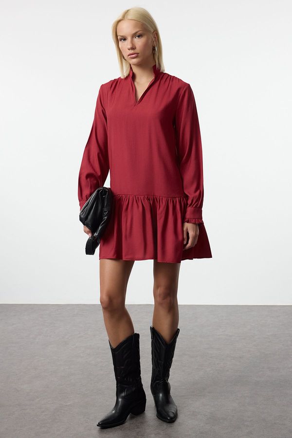 Trendyol Trendyol Burgundy Shift/Straight Cut V Neck Flounce Skirt Belmando Mini Woven Dress