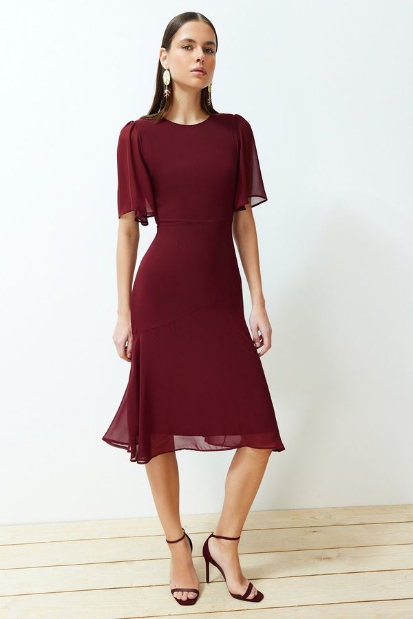 Trendyol Trendyol Burgundy Skirt Flounce Chiffon Lined Midi Woven Dress