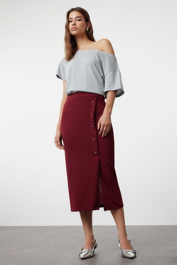 Trendyol Trendyol Burgundy Smart Crepe Button Detailed High Waist Midi Pencil Flexible Knitted Skirt