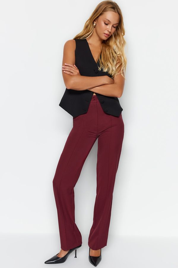Trendyol Trendyol Burgundy Straight Cut High Waist Ribbed Stitched Woven Trousers