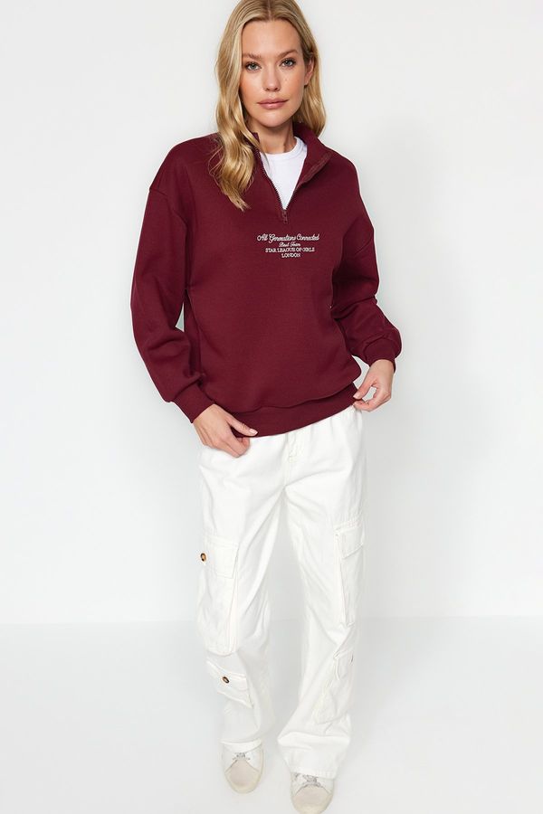 Trendyol Trendyol Burgundy Thick Inner Fleece Zippered High Neck Oversize/Wide Knitted Sweatshirt