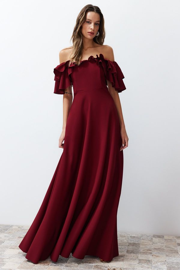 Trendyol Trendyol Burgundy Waist Opening/Skater Woven Flounce Long Evening Evening Dress