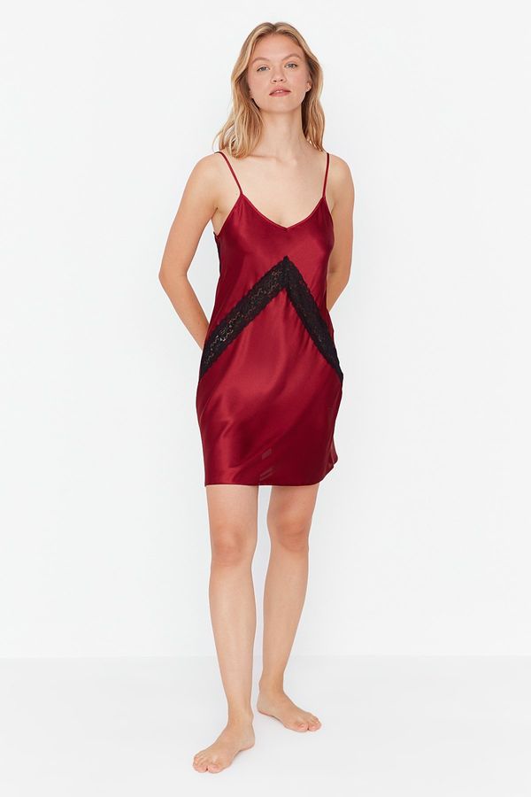 Trendyol Trendyol Burgundy Weave Satin Nightgown With Lace Detail