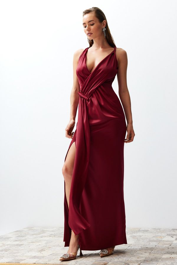 Trendyol Trendyol Burgundy Woven Satin Long Evening Evening Dress