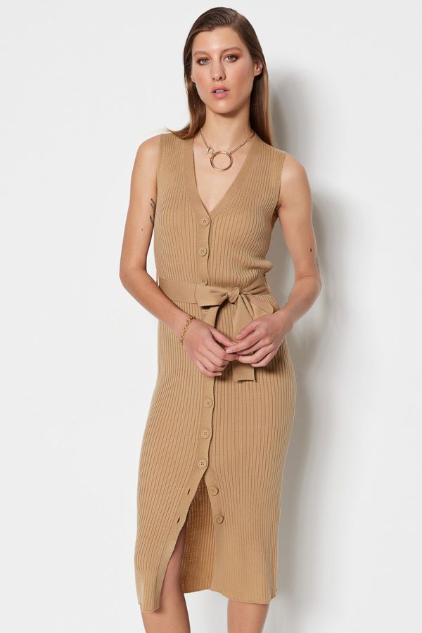 Trendyol Trendyol Camel Belt Detailed Midi Knitwear Dress